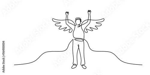 One line drawing of a man with wings lifting his hands, symbolizing freedom and embracing limitless potential.
