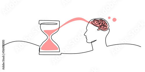 One line drawing of an hourglass with a brain, representing mental challenges and the passage of time.