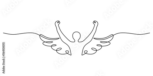 One line drawing of a man with wings lifting his hands, symbolizing empowerment and spiritual growth.