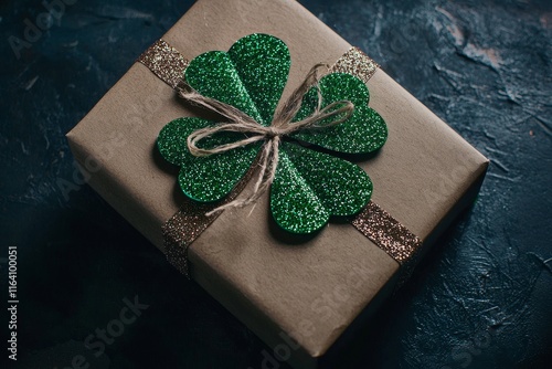 A St. Patrick's celebration scene featuring the words LUCKY DAY, a clover, and a gift box on a green grunge background photo