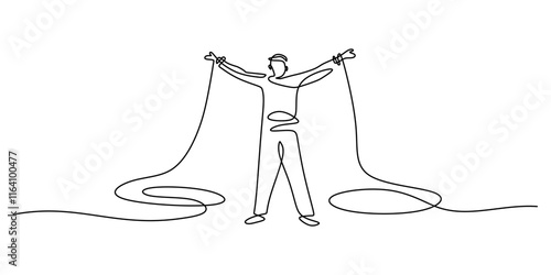 One line drawing of liberation. Person with Outstretched Arms and Flowing Lines