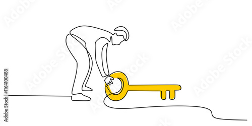 Continuous one line drawing of a person with a big key, symbolizing control and the key to success.