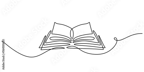 Continuous one line drawing of an open book, symbolizing knowledge, learning, and personal growth.