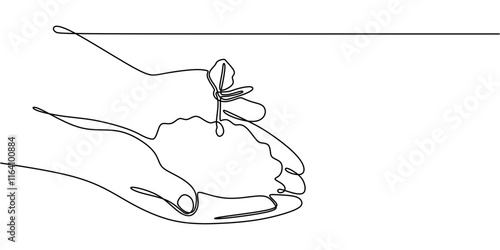 Continuous one line drawing of a hand holding a small tree, representing hope and new life.