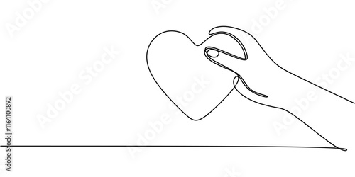 Hand offering a heart in continuous line drawing, symbolizing love, kindness, and compassion.