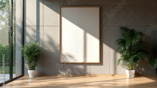 Serene Modern Minimalist Living Room with Textured Gray Wall  Sleek Canvas Art  Sunlight  and Lush Green Plants 