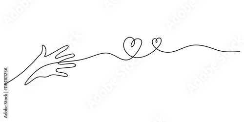 Continuous one line drawing of a hand offering a heart, depicting kindness and emotional support.