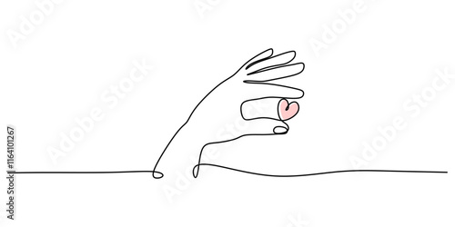 Hand offering a heart in continuous line drawing, symbolizing love, connection, and compassion.
