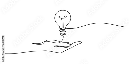 Continuous one line drawing of a hand holding a light bulb, representing inspiration and intellectual sparks.