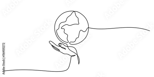 Continuous one line drawing of a hand cradling the Earth, representing global protection and sustainability.