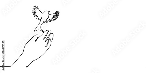 Continuous one line drawing of a hand releasing a bird, symbolizing peace and letting go.