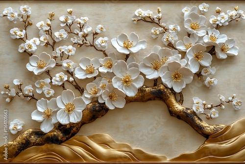 Elegant Gold And White Floral Relief Artwork