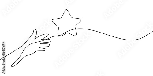 Hand reaching for the stars in continuous line drawing, symbolizing ambition and the pursuit of dreams.