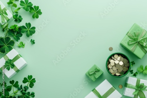 For the St. Patrick's Day celebration, gift boxes are displayed with a pot of golden coins and clovers on a green background