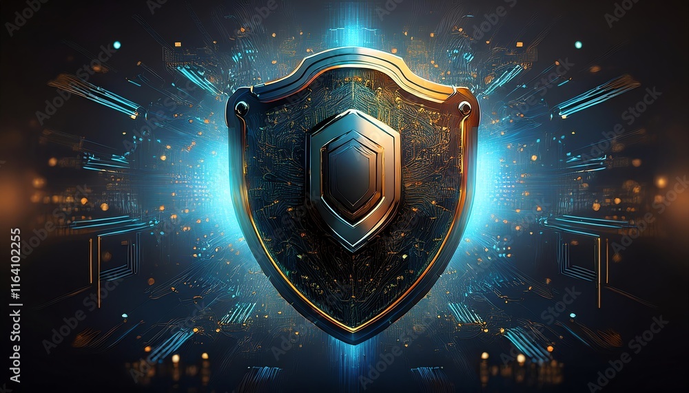Fototapeta premium A futuristic shield emblem surrounded by glowing digital elements, symbolizing security and protection in a technological environment.