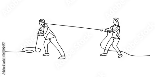 Two people gripping a rope in continuous line drawing, symbolizing teamwork and unity.