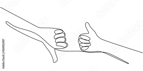 Continuous line drawing of an arm showing thumb up and down, symbolizing judgment and decisions.