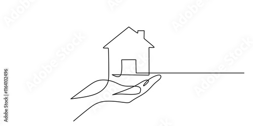 Continuous line drawing of a hand holding a small house, symbolizing foundation and shelter.