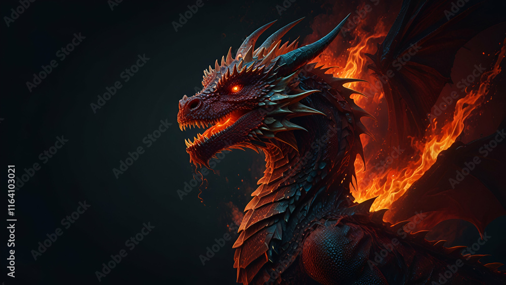 A Fierce Dragon with a Red Glowing Eye, Set Against a Dark, Mysterious Black Background A Fierce Dragon with a Red Glowing Eye, Set Against a Dark, Mysterious Black Background