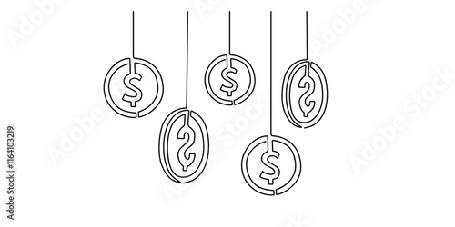 Hanging Dollar Coin one line drawing. Finance, business, and banking concept. Minimalist vector illustration.