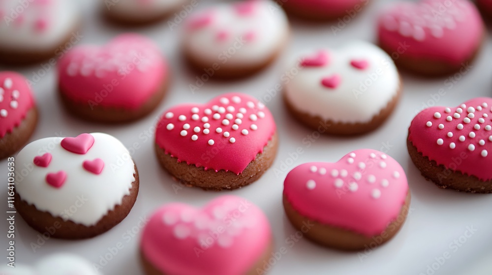 Heart-Shaped Cookies with Pink and White Icing for Valentine's Day Celebration Heart-Shaped Cookies with Pink and White Icing for Valentine's Day Celebration