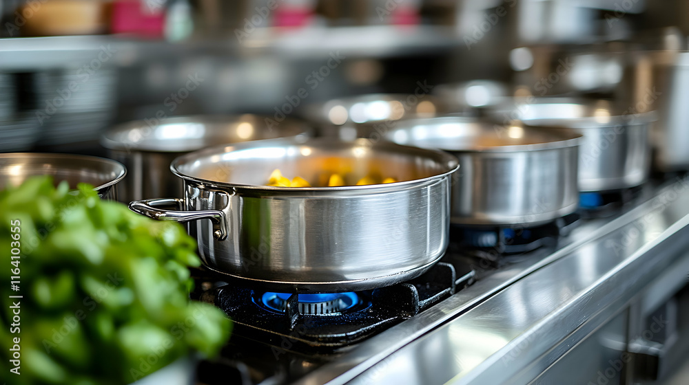 Stainless Steel Pots on a Gas Stovetop Realistic Kitchen Image Stainless Steel Pots on a Gas Stovetop Realistic Kitchen Image
