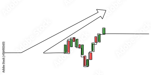 Continuous line drawing of a stock market arrow with candlesticks, symbolizing financial growth and trading. Minimalist vector art.