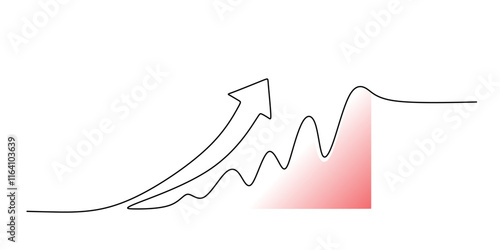 Growth chart with an upward arrow, drawn in continuous line style, symbolizing business success. Hand drawn vector illustration.