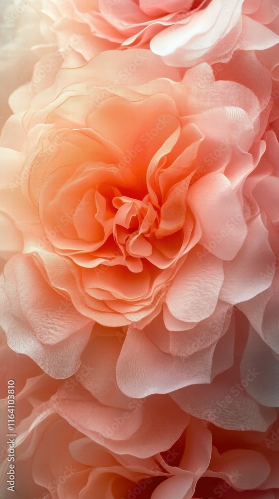 A close-up of soft, layered peach-colored flowers with delicate petals. A close-up of soft, layered peach-colored flowers with delicate petals.