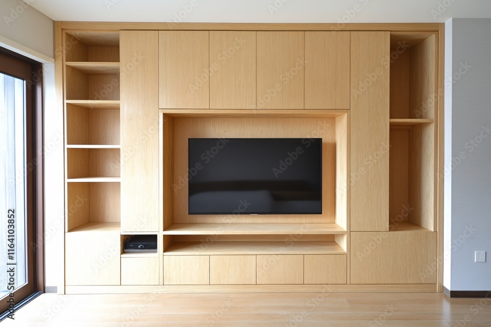 Modern Minimalist Living Room Design with Wooden TV Unit and Light Flooring Modern Minimalist Living Room Design with Wooden TV Unit and Light Flooring
