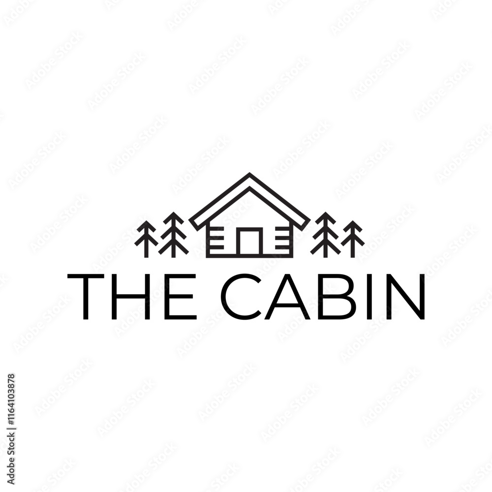 Wooden cabin and pine forest logo design isolated white background Wooden cabin and pine forest logo design isolated white background