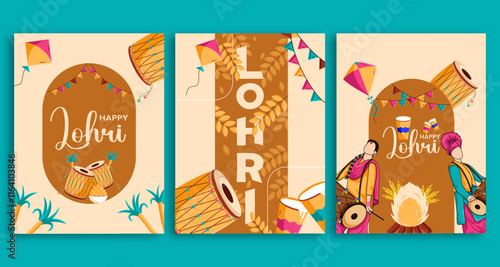 Creative Happy Lohri Punjabi Indian festival celebration minimalistic flat vector illustration set.