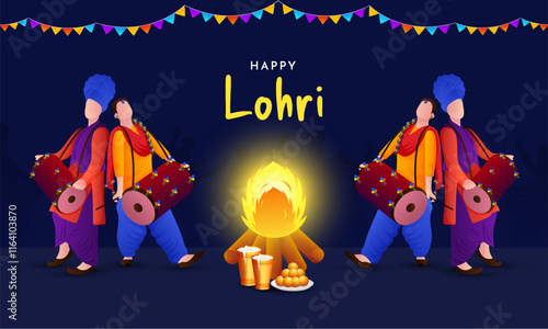 Happy Lohri Punjabi Indian festival celebration vector illustration. People dancing in front of bonfire in night.