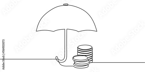 Continuous Line Drawing of Umbrella Shielding Money. Financial Security in Business
