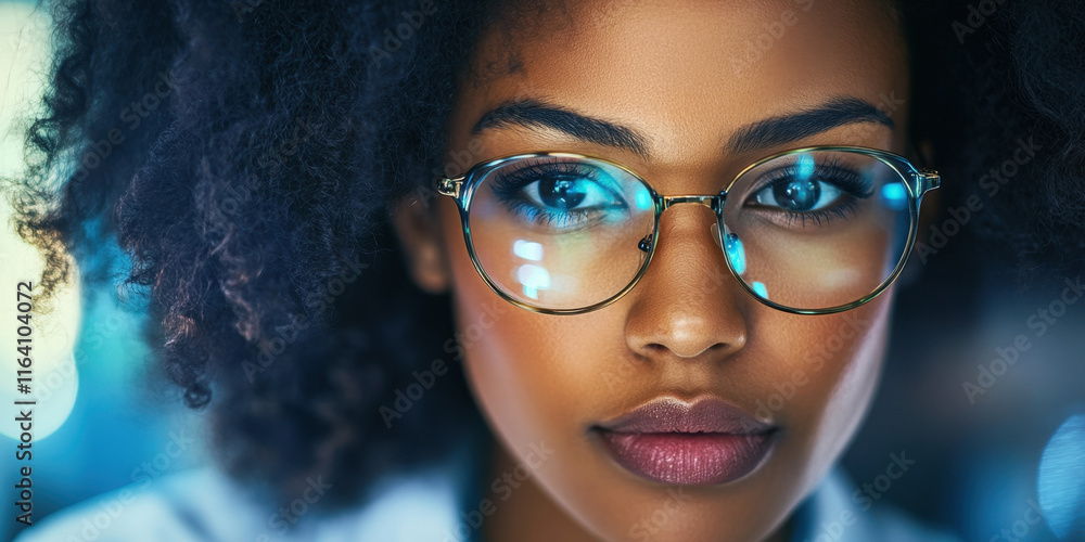 A young woman with curly hair and glasses concentrates intently on a task, showcasing her dedication in a contemporary office environment filled with soft lighting. A young woman with curly hair and glasses concentrates intently on a task, showcasing her dedication in a contemporary office environment filled with soft lighting.
