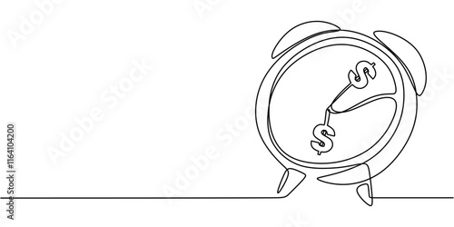 Continuous Line Drawing of Clock with Dollar Sign Pendulum. Time and Financial Connection