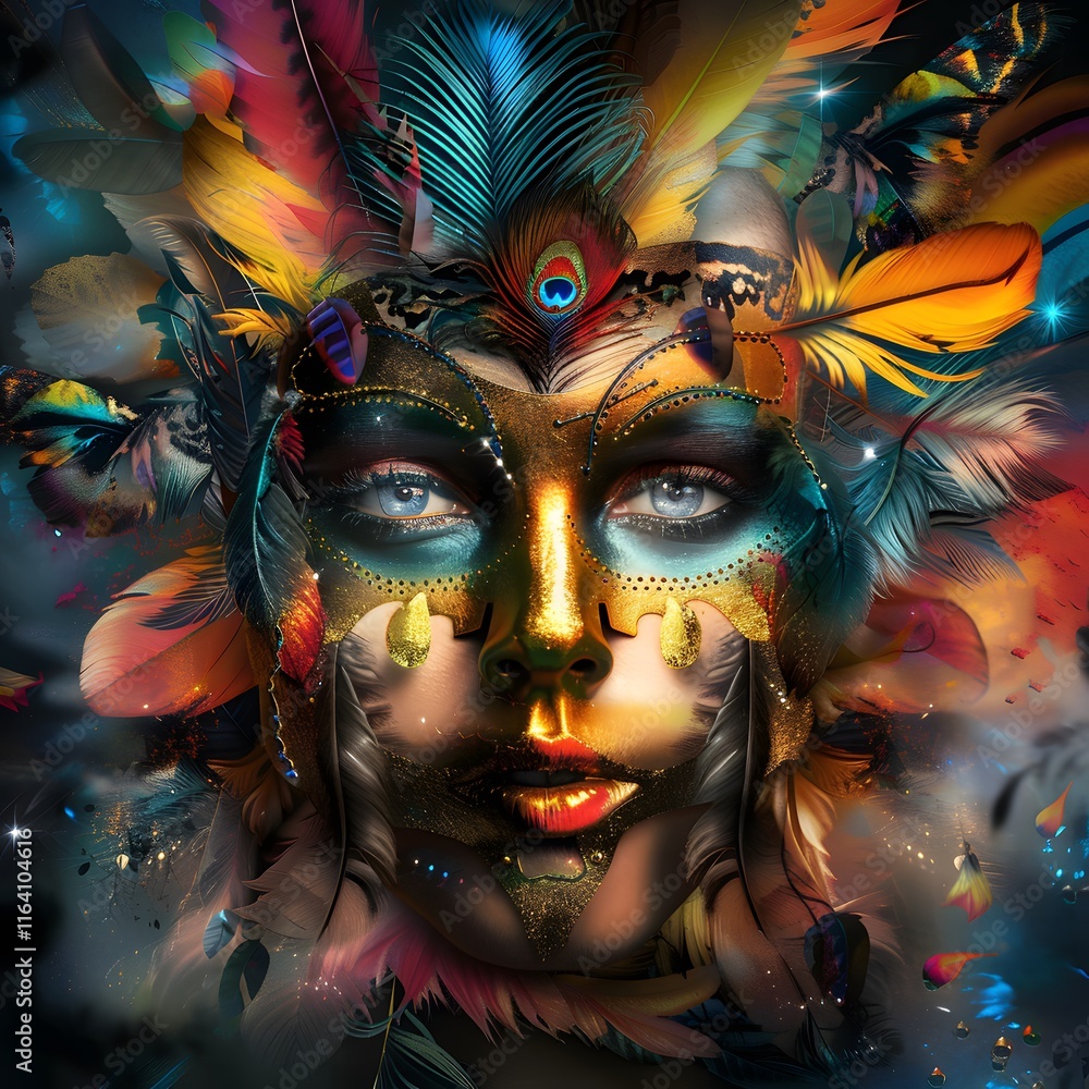 Obraz premium Glowing Carnival Dancer in Vibrant Feathers and Dynamic Colors
