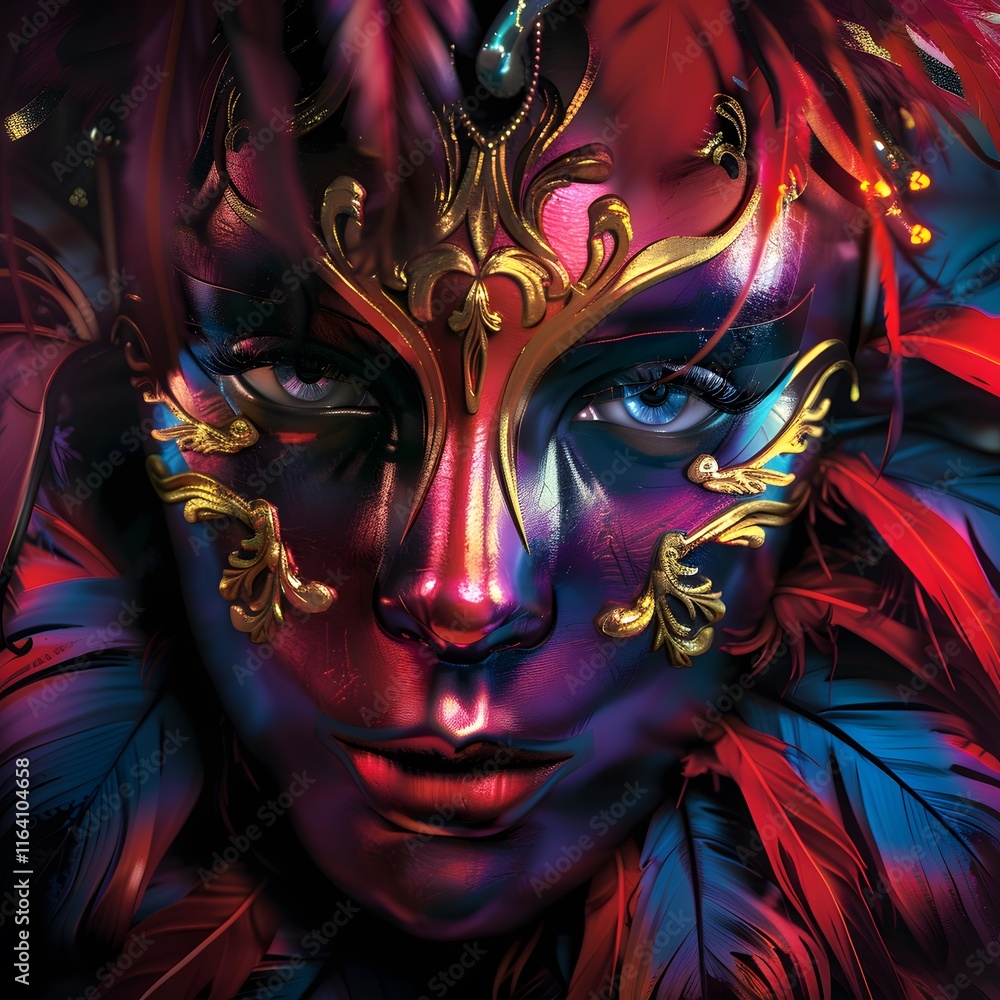 Surreal Masked Dancer in Neon Carnival Lights with Glowing Feathers Surreal Masked Dancer in Neon Carnival Lights with Glowing Feathers