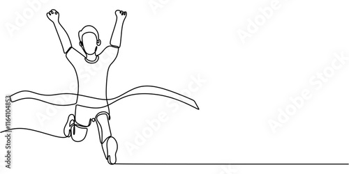 Continuous Line Drawing of Runner Crossing the Finish Line. Showcasing Sports Achievement