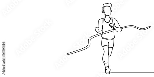 Runner Crossing the Finish Line. Symbolizing Victory in Sports. One Line Drawing for Healthy Living