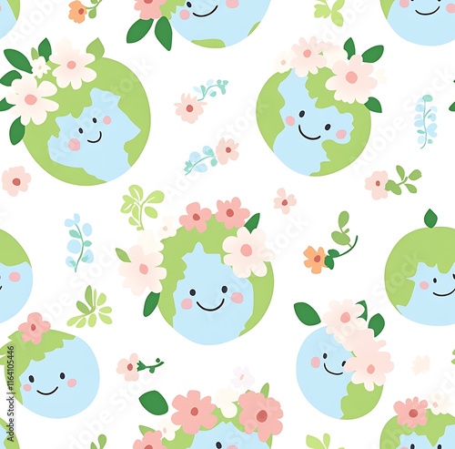 Earth day  seamless pattern with smiling planet icons