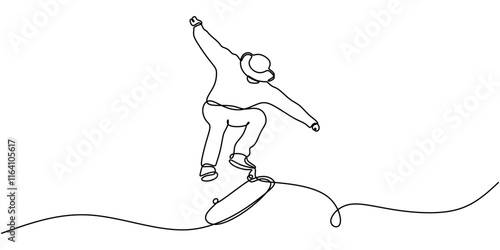 Continuous Line Drawing of Man Skateboarding. Showcasing Freedom and Athleticism in Sports