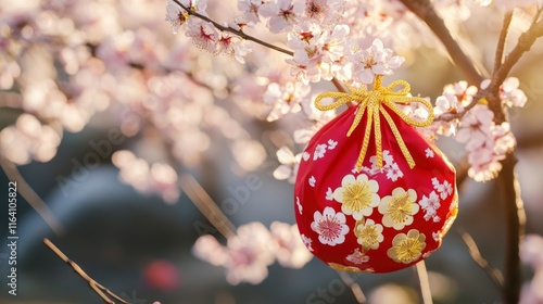 Korean New Year or Seollal. Sebaetdon lucky bag on Cherry blossom tree. Copy space.  photo