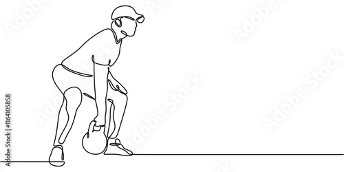 Man Lifting Kettlebell. Symbolizing Strength, Fitness, and Dedication. One Line Drawing for Weightlifting