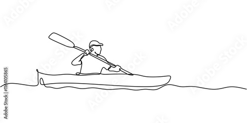 Continuous Line Drawing of a Man Kayaking. Illustrating Thrill and Skill of Paddling