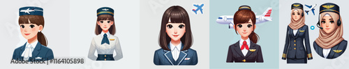 vector set of smiling flight attendant characters