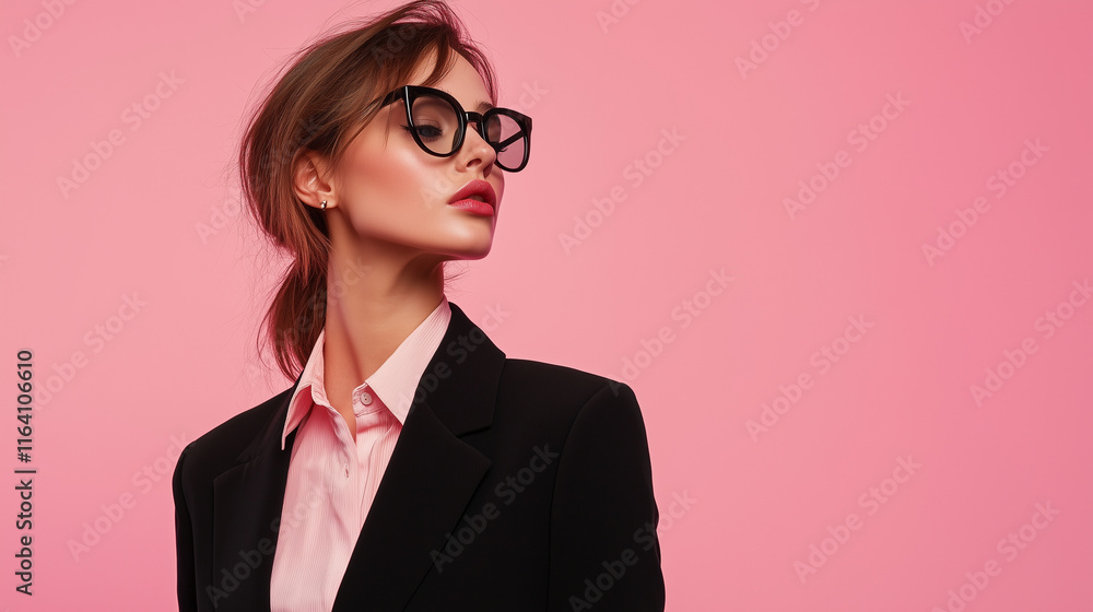 Confident businesswoman on pink background with copy space Confident businesswoman on pink background with copy space