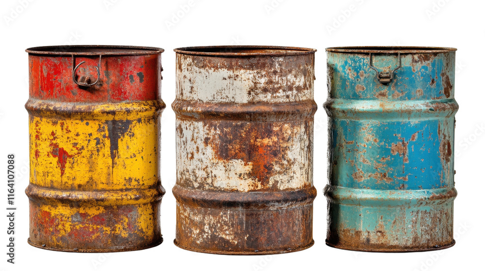 Stack of old wooden and metal barrels for industrial and storage use Stack of old wooden and metal barrels for industrial and storage use