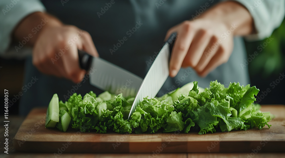 A person chops fresh lettuce and cucumbers on a wooden cutting board, focusing on preparing healthy ingredients for a meal. A person chops fresh lettuce and cucumbers on a wooden cutting board, focusing on preparing healthy ingredients for a meal.