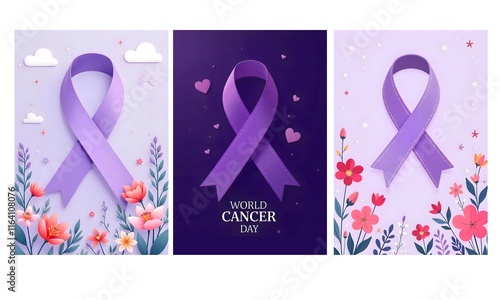 purple cancer awareness ribbons on floral background for world awareness day photo